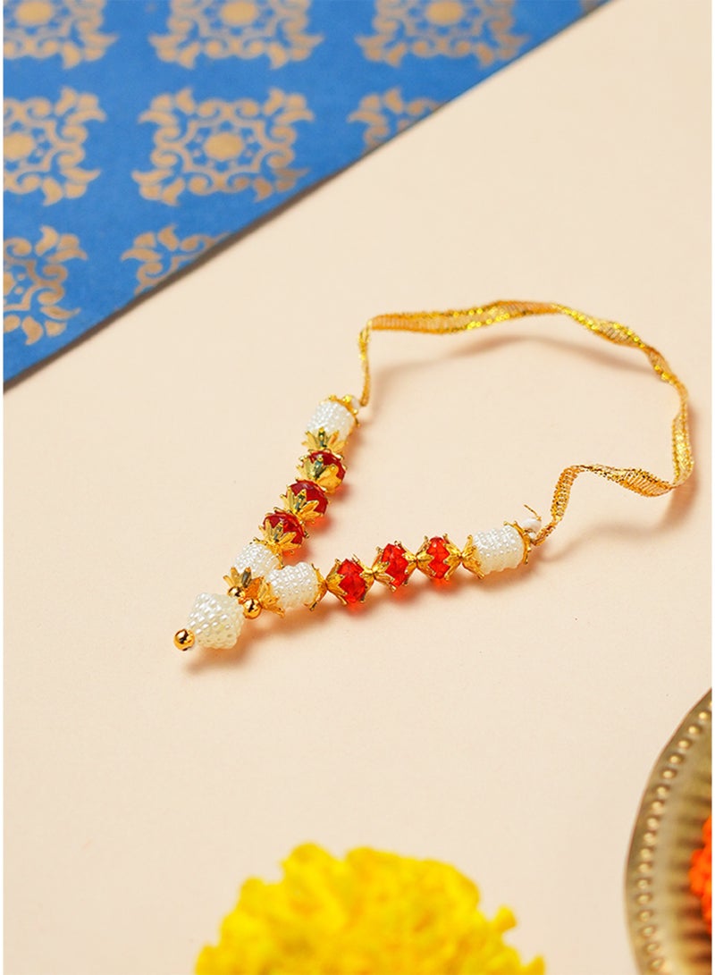 Madhoor Bead Decorative Pooja Garland (Haar Mala) Gold-Tone Red for Pooja, Temple Decor & Weddings, 3 Inches, 1 Piece - Image 2