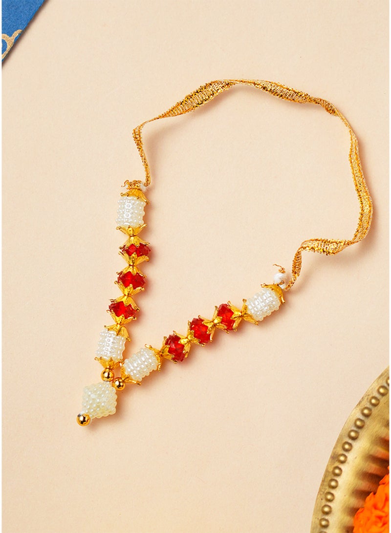 Madhoor Bead Decorative Pooja Garland (Haar Mala) Gold-Tone Red for Pooja, Temple Decor & Weddings, 3 Inches, 1 Piece - Image 1