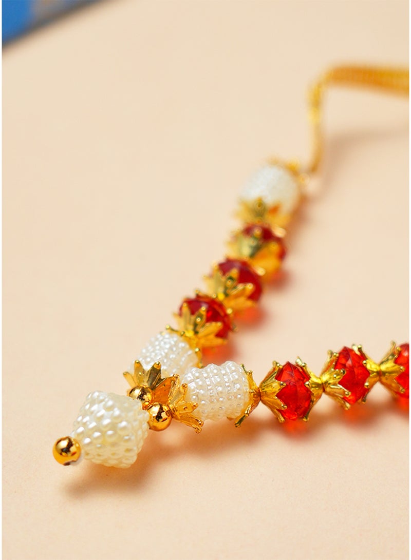 Madhoor Bead Decorative Pooja Garland (Haar Mala) Gold-Tone Red for Pooja, Temple Decor & Weddings, 3 Inches, 1 Piece - Image 3