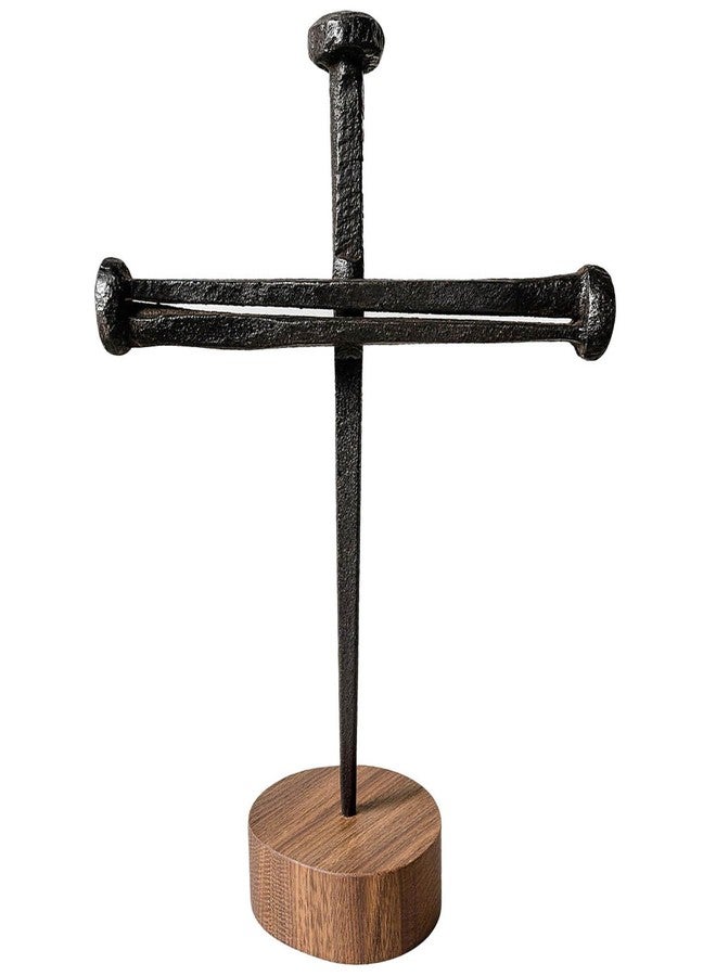 MLOLM Jesus Crucifixion Nail Metal Cross with Wooden Base - Passion of Christ Religious Gifts for Men Women, Christian Home Office Decor for Easter Baptism Confirmation Ordination - Image 1