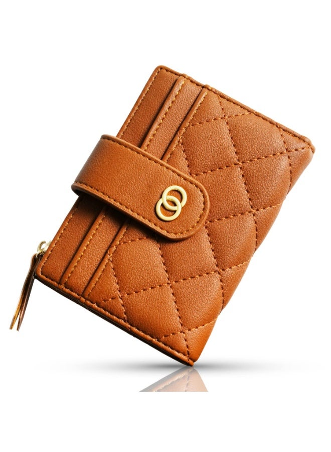 Minimalist Small Zipper Wallets for Women, Slim Bifold PU Leather Credit Card Holder Wallets With ID Window, Ladies Clutch Purses Mini Coin Purse, Brown - Image 1