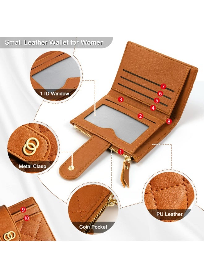 Minimalist Small Zipper Wallets for Women, Slim Bifold PU Leather Credit Card Holder Wallets With ID Window, Ladies Clutch Purses Mini Coin Purse, Brown - Image 2