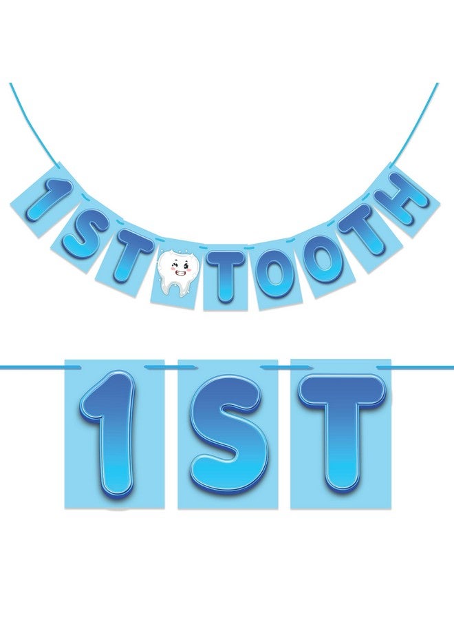 Wobbox 1st Tooth Bunting Banner, Blue Colour Gredient with Stylish Font, First Tooth Decoartion, Happy Birthday Decoration - Image 1