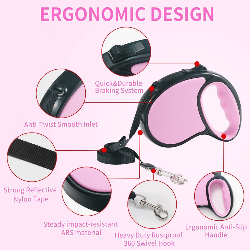 Slognny Retractable Dog Leash,[Strong Nylon Tape][One-Handed One Button Lock] for Small Medium Dogs and Cats,16ft Pet Walking Leash with 360Â°Tangle-Free Design,Anti-Slip Handle,Gift Package (Pink) - Image 5