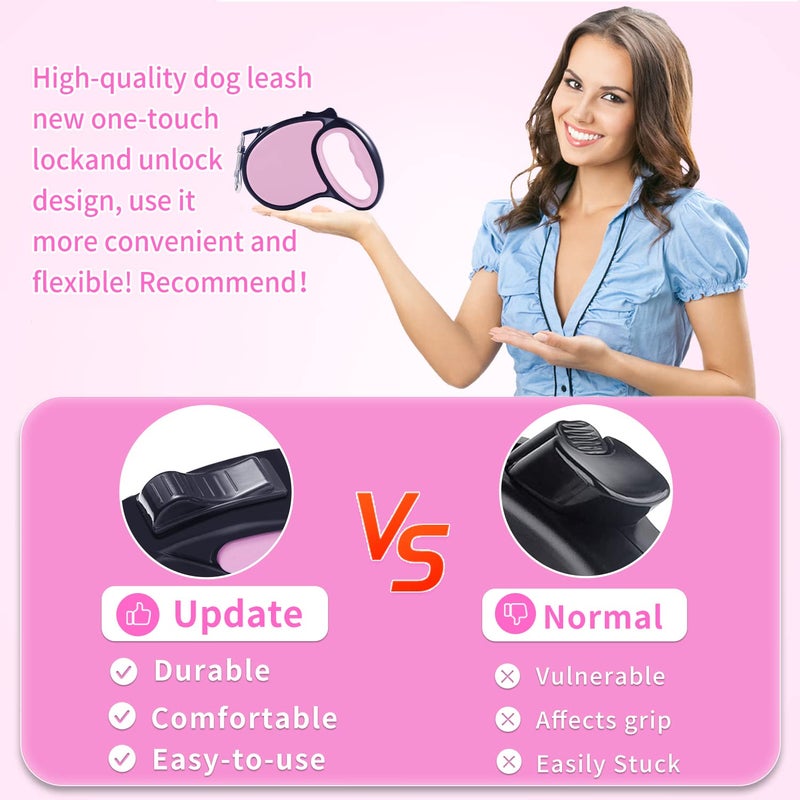 Slognny Retractable Dog Leash,[Strong Nylon Tape][One-Handed One Button Lock] for Small Medium Dogs and Cats,16ft Pet Walking Leash with 360Â°Tangle-Free Design,Anti-Slip Handle,Gift Package (Pink) - Image 3