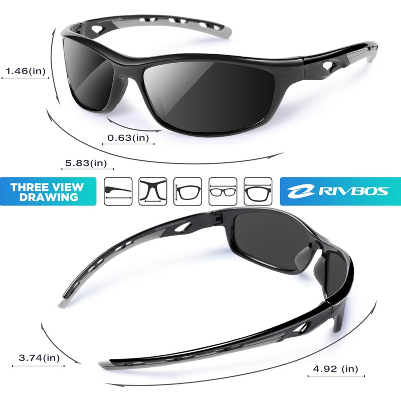 RIVBOS Sports Sunglasses for Men Women Polarized UV Protection Fishing Driving Shades Cycling RB833-black& Grey - Image 3