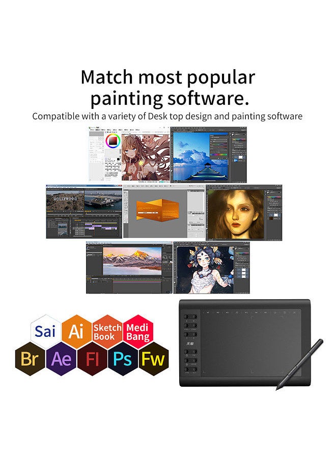 G10 Digital Art Graphics Drawing Tablet 10 x 6 Inches Ultralight Art Creation Sketch with Battery-free Stylus 8 Pen Nibs 8192 Levels Pressure 10 Express Keys Compatible with Windows Android OTG