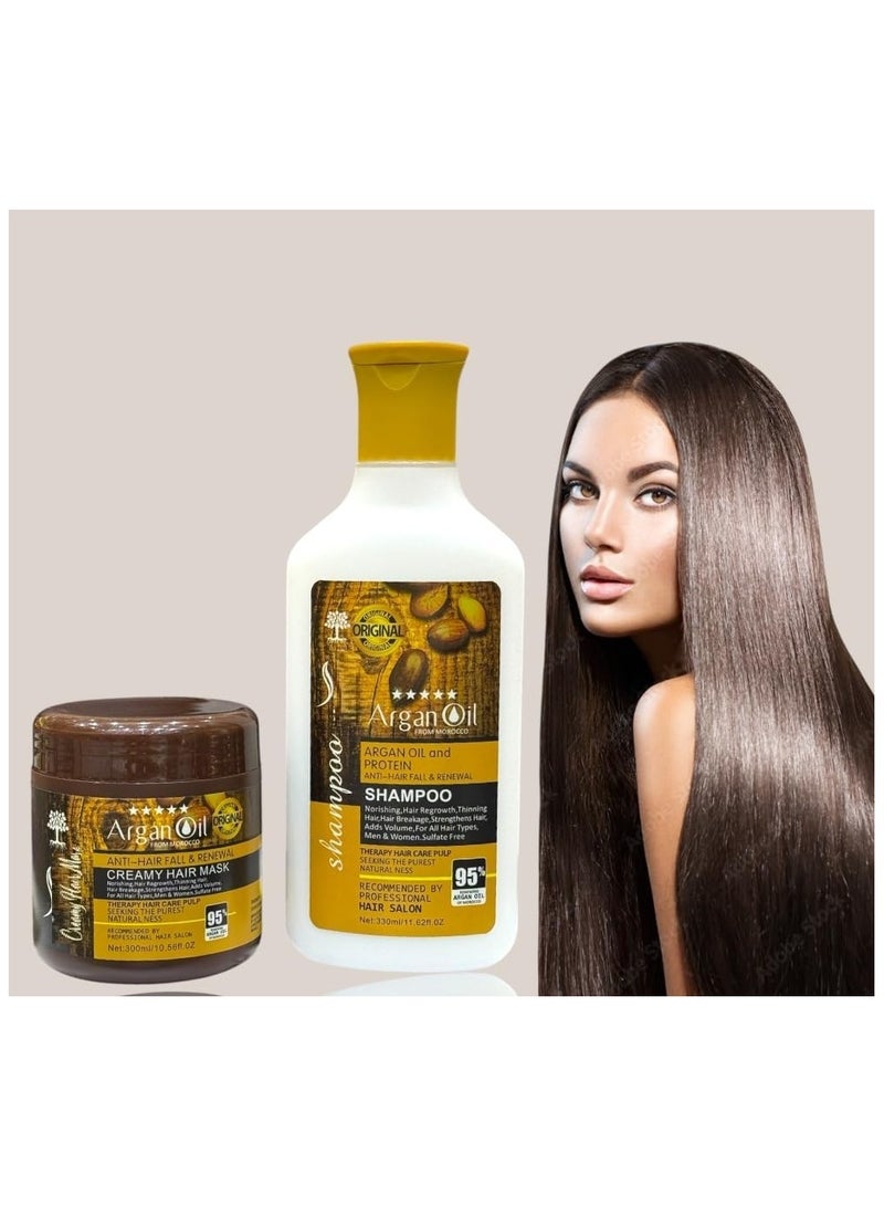 Argan Oil Hair Care Set 2-Piece | Moroccan Treatment Anti-Hair Fall & Renewal Shampoo 330ml + Hair Mask 300ml | Deep Repair, Hydration & Frizz Control - Image 1