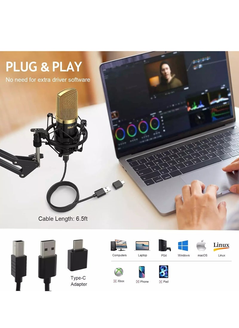ZINGYOU - مجموعة ميكروفون قلبي ZY-UA2 بمكثف USB، توصيل وتشغيل 96 كيلو هرتز/24 بت لتسجيل الكمبيوتر، والألعاب، والبث المباشر، والتعليق الصوتي، ويوتيوب، وتويتش، مع ذراع بوم مطور، - Image 1