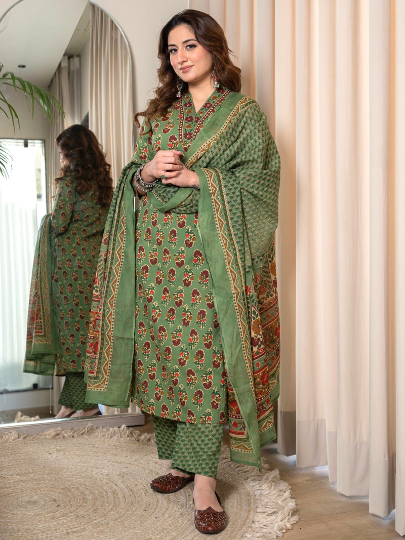 Arayna Women’s Cotton Printed Kurta Set with Pants & Dupatta – 3/4 Sleeve | Elegant Ethnic Wear, Green, X-Large - Image 3