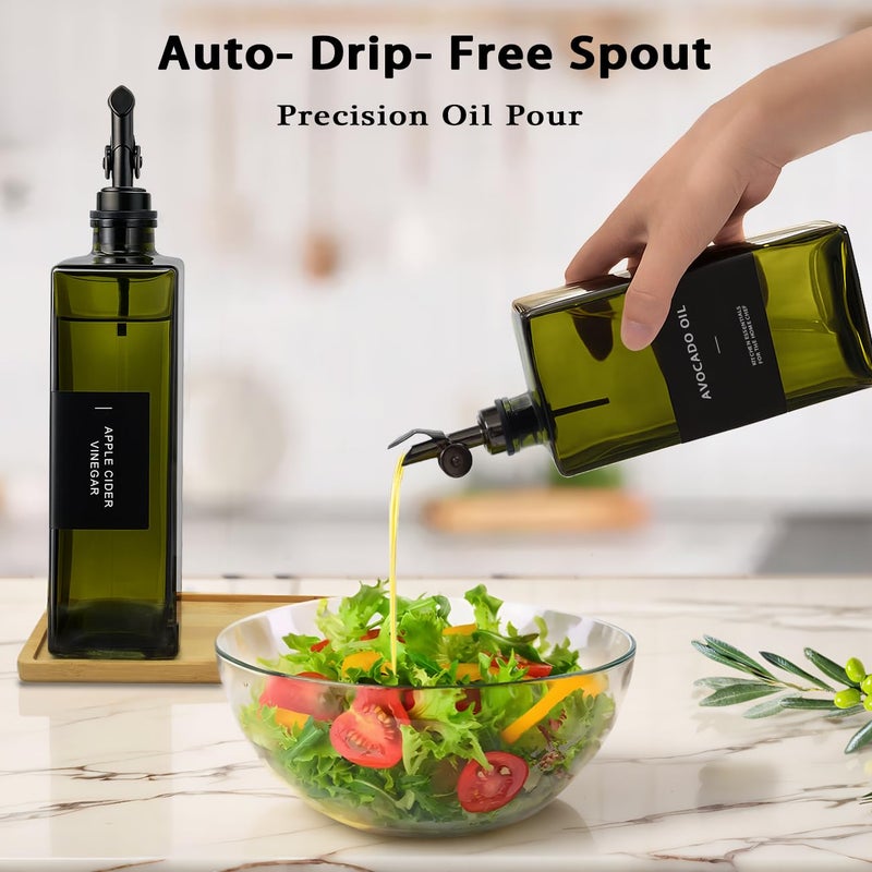 Gelury Olive Oil Dispenser Bottle for Kitchen with Bamboo Tray- 16.9oz Glass Oil and Vinegar Dispenser Set, Soy Sauce & Syrup Bottle, Modern Hostess Gift (Green, Set of 2) - Image 4