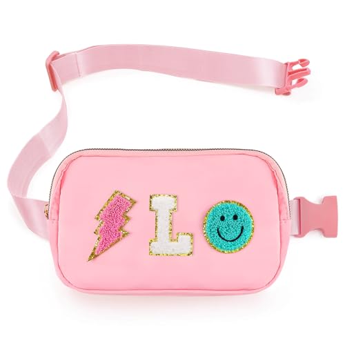 PainZieteg Fanny Pack for Girls Birthday Easter Gifts, Girls Crossbody Bag Preppy Nylon Teen Belt Bag for Graduation Travel Gifts, Light Pink Chenille L Letter - Image 1