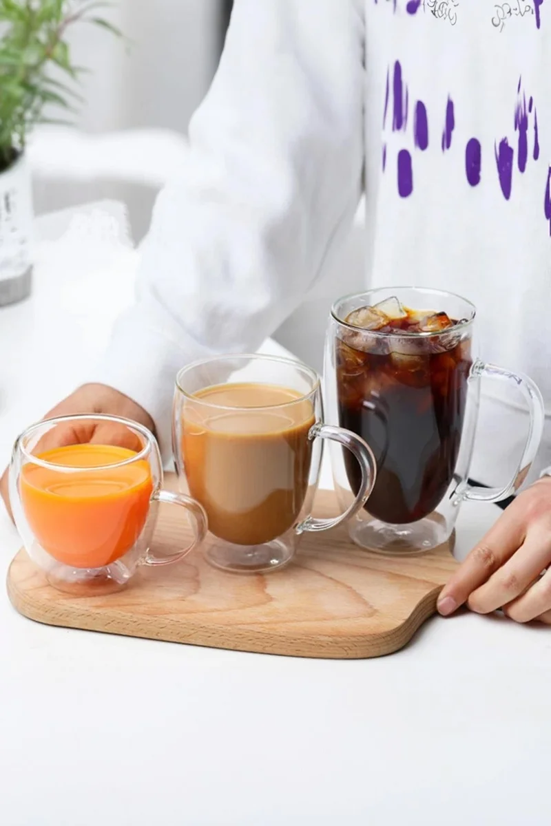 Pikas Double Glazed Double Walled Glass Mug Home Office Cup 250 ml Double Layered Heat Insulated Glass Cup with Handle