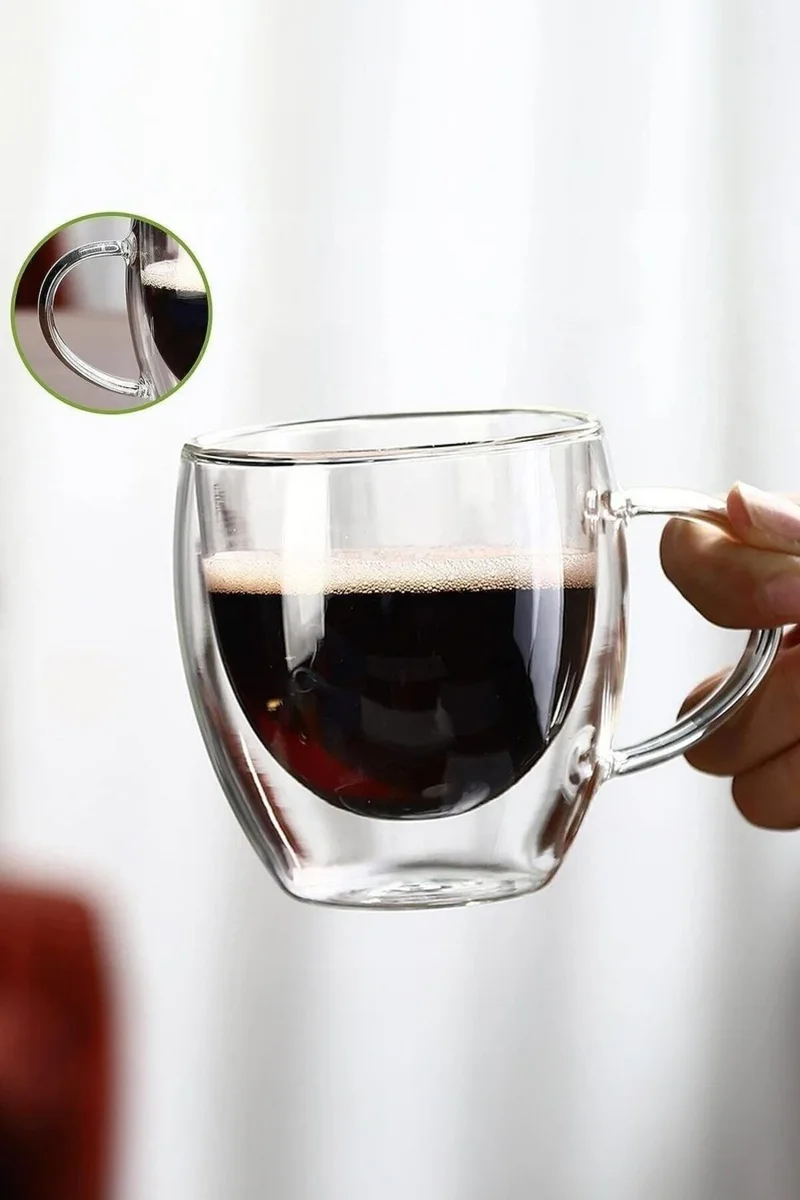Pikas Double Glazed Double Walled Glass Mug Home Office Cup 250 ml Double Layered Heat Insulated Glass Cup with Handle