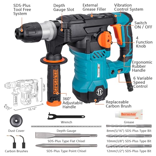 Berserker 1-1/4" SDS-Plus Rotary Hammer Drill with Vibration Control,Safety Clutch,12.5 Amp 4 Functions Corded Rotomartillo for Concrete-Including 3 Drill Bits,Flat Chisel,Point Chisel,Carrying Case - Image 2