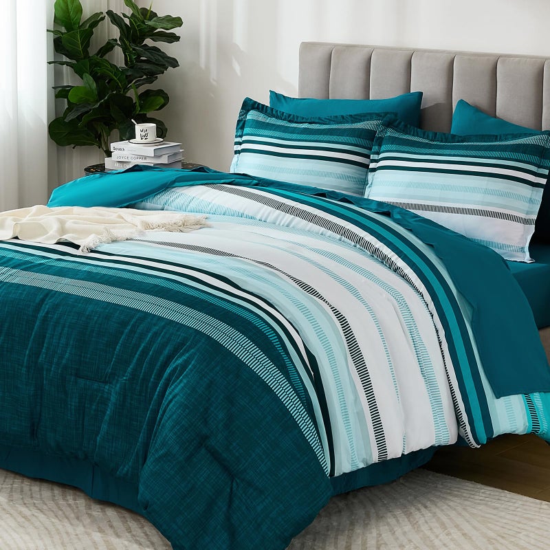 Dobuyly Teal Queen Comforter Set 7 Pieces Blue Boho Striped Bed in a Bag Queen Size Soft Microfiber All Season Bedding Set with Comforter Sheets Pillowcases  Shams