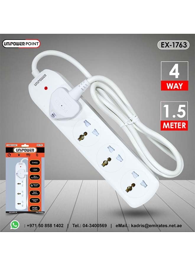Unipower شرائط طاقة 4 في 1 EX-1763 مع 4 مآخذ، محول قابس عالمي مع أغطية أمان، مقبس شحن بطول 1.5 متر مقاوم للحرارة (أبيض) معتمد من ESMA - Image 4