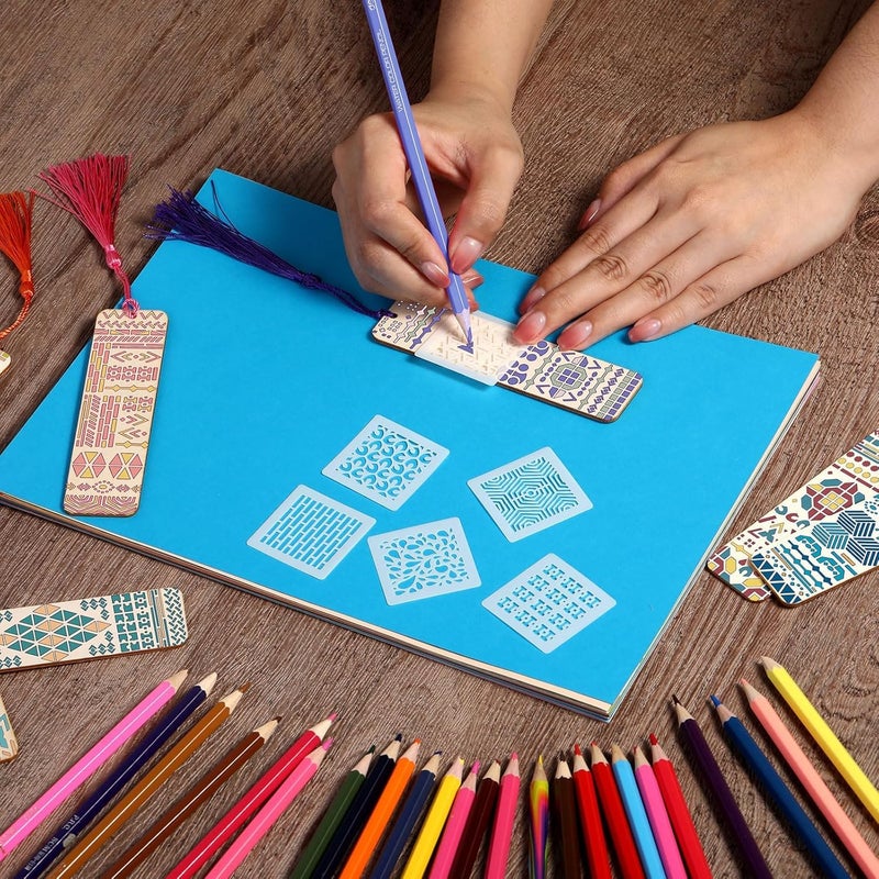 Tazweeq 92 Pieces Bookmark Making Kit, Includes 36 Pieces Unfinished DIY Wooden Blank Bookmarks, 36 Pcs Tassels and 20 Pcs Templates, DIY Crafts Hanging Tag Gift Tag Price Tags(Geometry,1.26 x 4.72 x - Image 5