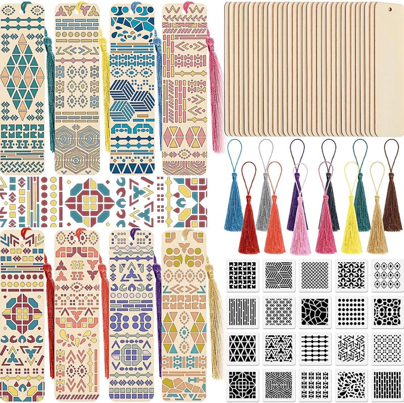 Tazweeq 92 Pieces Bookmark Making Kit, Includes 36 Pieces Unfinished DIY Wooden Blank Bookmarks, 36 Pcs Tassels and 20 Pcs Templates, DIY Crafts Hanging Tag Gift Tag Price Tags(Geometry,1.26 x 4.72 x - Image 1