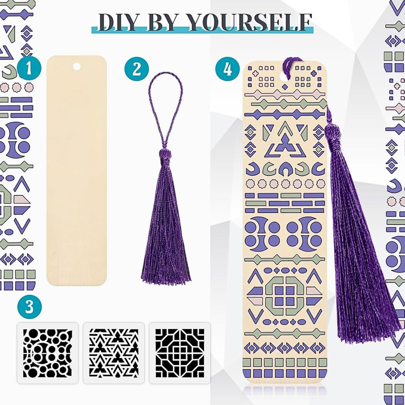 Tazweeq 92 Pieces Bookmark Making Kit, Includes 36 Pieces Unfinished DIY Wooden Blank Bookmarks, 36 Pcs Tassels and 20 Pcs Templates, DIY Crafts Hanging Tag Gift Tag Price Tags(Geometry,1.26 x 4.72 x - Image 4