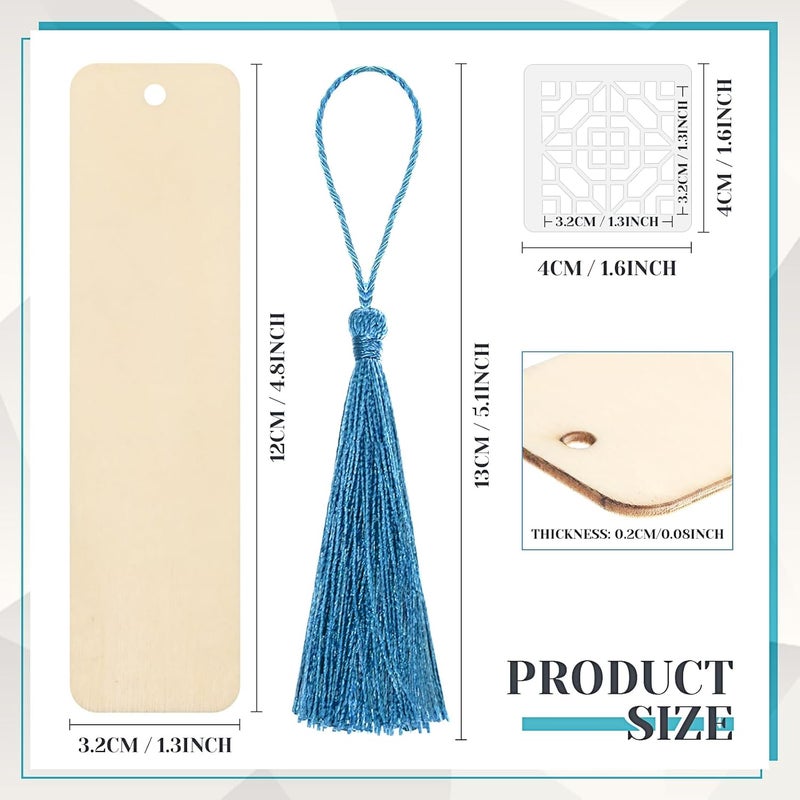 Tazweeq 92 Pieces Bookmark Making Kit, Includes 36 Pieces Unfinished DIY Wooden Blank Bookmarks, 36 Pcs Tassels and 20 Pcs Templates, DIY Crafts Hanging Tag Gift Tag Price Tags(Geometry,1.26 x 4.72 x - Image 2