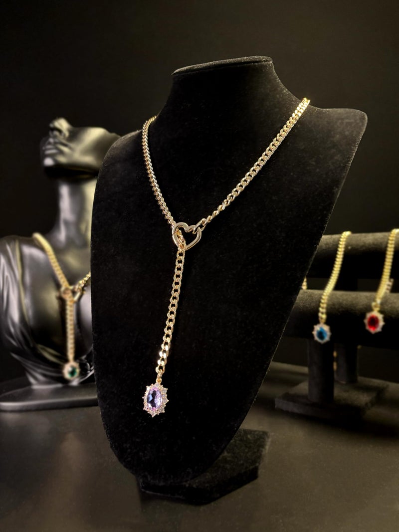 EverGlimp Women's Gold Heart O-Ring Necklace, Adjustable 25'' Cuban Chain with Detachable Heart Clasp and Colorful Rhinestone Pendant (Amethyst Purple) - Image 3