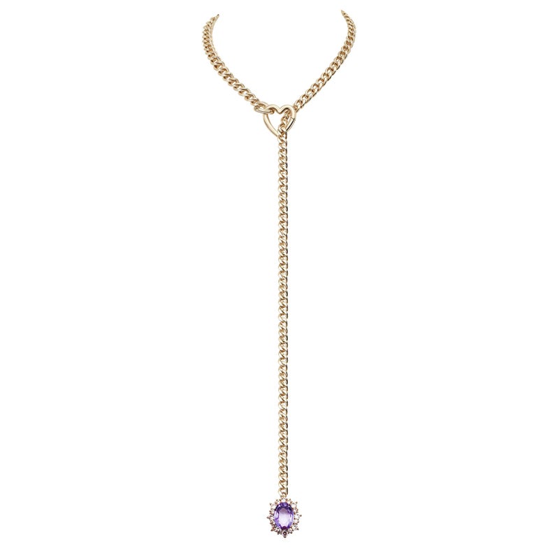 EverGlimp Women's Gold Heart O-Ring Necklace, Adjustable 25'' Cuban Chain with Detachable Heart Clasp and Colorful Rhinestone Pendant (Amethyst Purple) - Image 1
