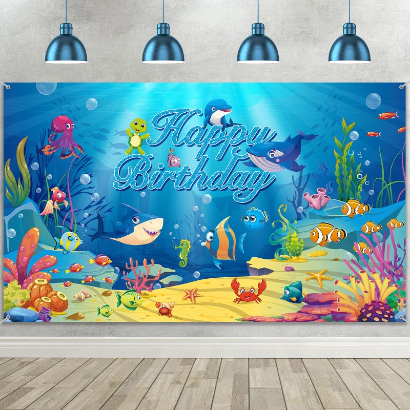 Irenare Under The Sea Backdrop Ocean Animal Happy Birthday Decorations Ocean Theme Birthday Photography Background Banner for Kids Dolphin Shark Underwater Blue Party Decorations Supplies, 72.8 x 43.3 Inches - Image 1