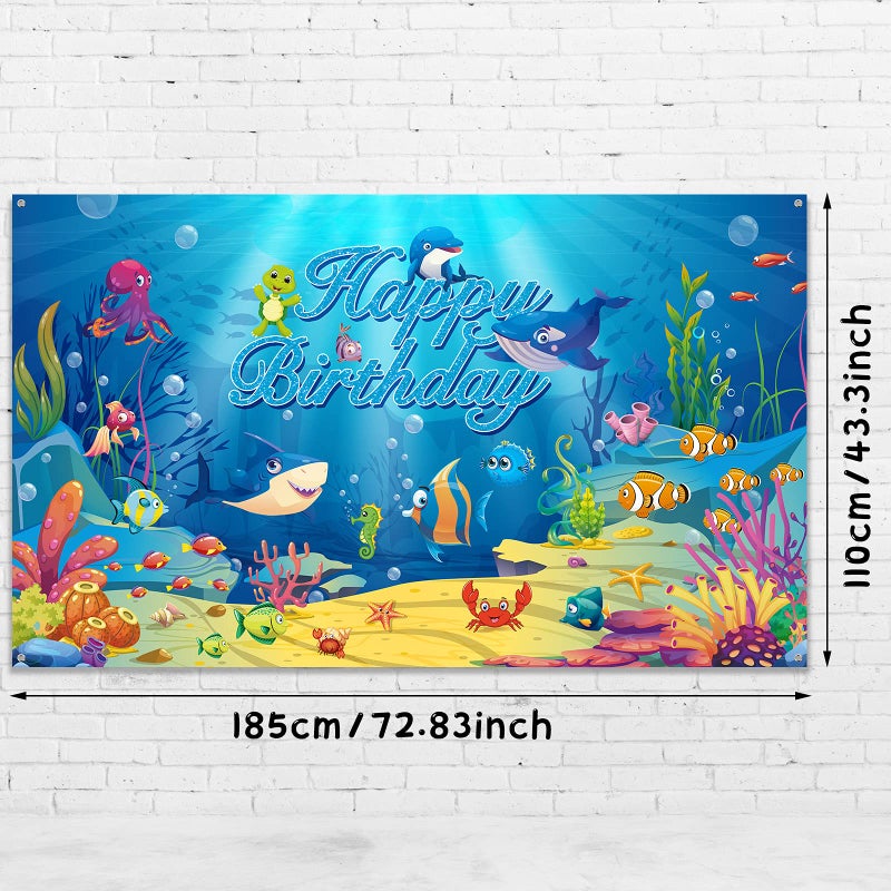 Irenare Under The Sea Backdrop Ocean Animal Happy Birthday Decorations Ocean Theme Birthday Photography Background Banner for Kids Dolphin Shark Underwater Blue Party Decorations Supplies, 72.8 x 43.3 Inches - Image 2