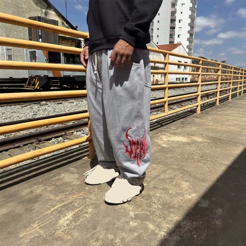 Women's Gray Flame Embroidered Sweatpants Loose Joggers - Image 2