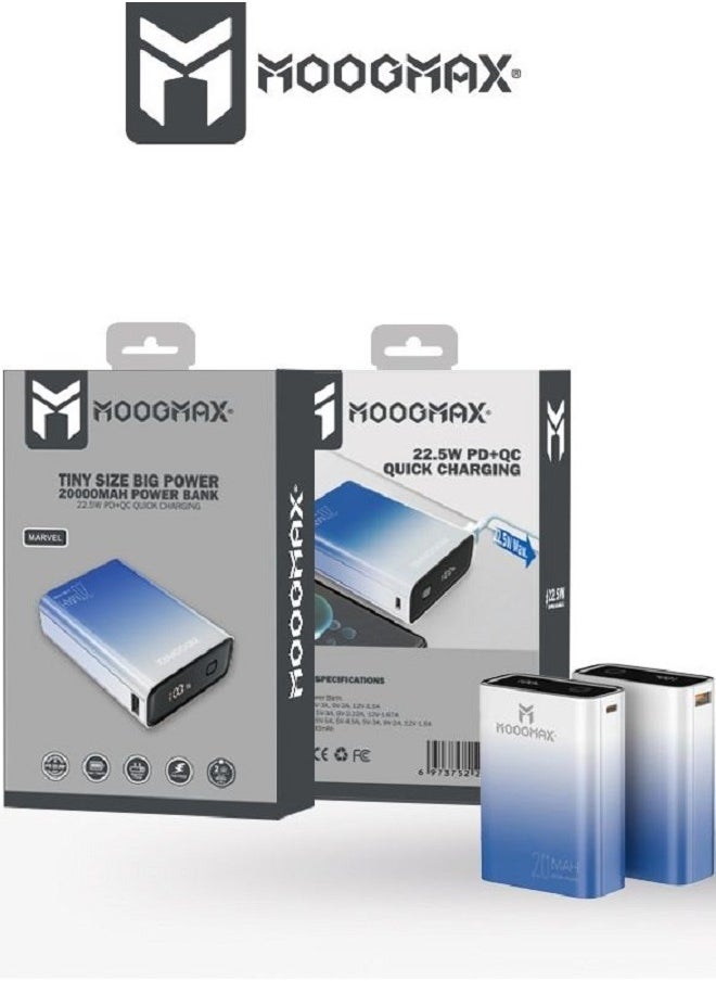 MOOGMAX - Marvel power bank 20000mAh with 22.5W, and an elegant design, small Mini size and weight, two ports (Type-C) & (USB-A), portable power bank fast charging, and a digital display screen. Gradient cyan color - Image 1