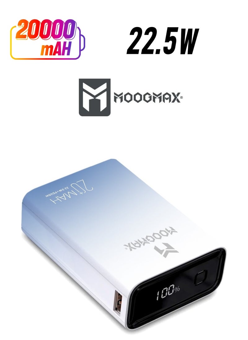 MOOGMAX - Marvel power bank 20000mAh with 22.5W, and an elegant design, small Mini size and weight, two ports (Type-C) & (USB-A), portable power bank fast charging, and a digital display screen. Gradient cyan color - Image 1