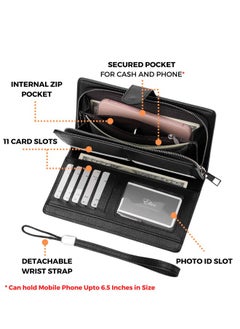 Elios Elios Women's Large Capacity Pu Leather Snap Closure Clutch Wallet Card Phone Holder Organizer Ladies Purse With Wrist Strap, Black  - Image 4