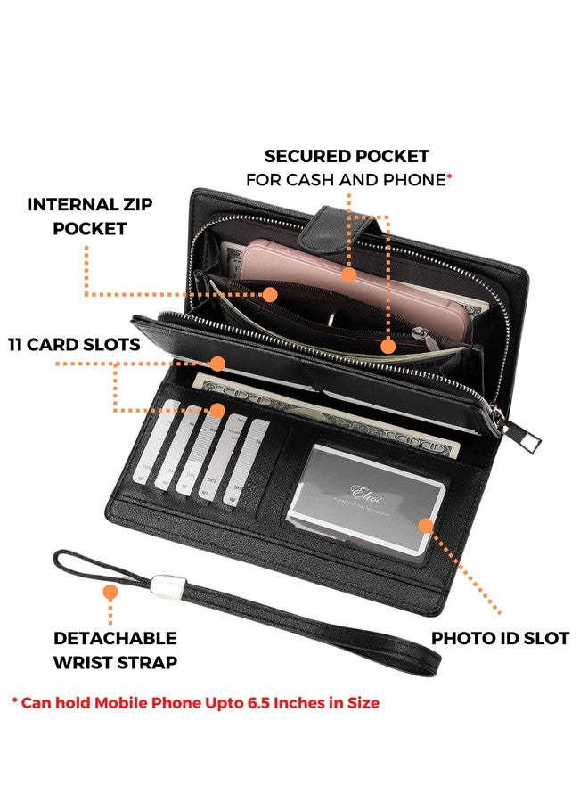 إليوس محفظة نسائية كبيرة السعة من جلد البولي يوريثان مع قفل كبس من Elios وحامل بطاقات وهاتف ومنظم محفظة نسائية مع حزام معصم، باللون الأسود - Image 4