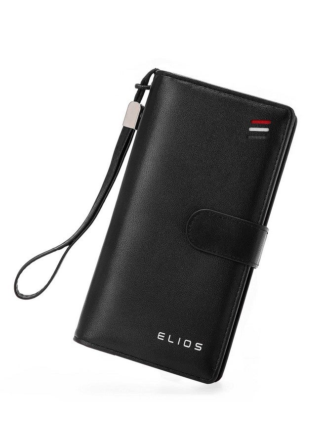 إليوس محفظة نسائية كبيرة السعة من جلد البولي يوريثان مع قفل كبس من Elios وحامل بطاقات وهاتف ومنظم محفظة نسائية مع حزام معصم، باللون الأسود - Image 1