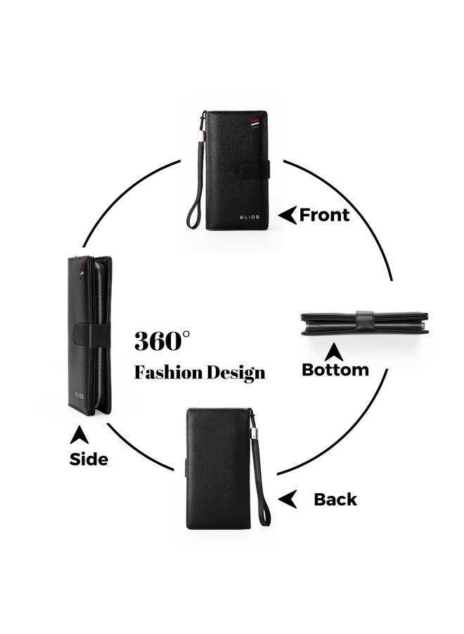 إليوس محفظة نسائية كبيرة السعة من جلد البولي يوريثان مع قفل كبس من Elios وحامل بطاقات وهاتف ومنظم محفظة نسائية مع حزام معصم، باللون الأسود - Image 3