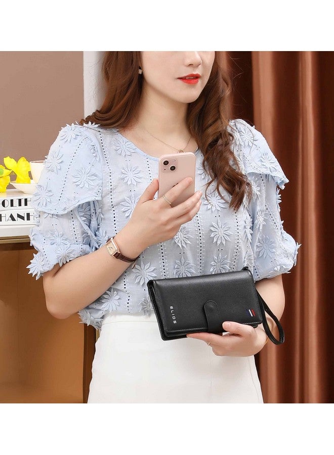 إليوس محفظة نسائية كبيرة السعة من جلد البولي يوريثان مع قفل كبس من Elios وحامل بطاقات وهاتف ومنظم محفظة نسائية مع حزام معصم، باللون الأسود - Image 2