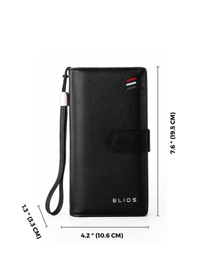 إليوس محفظة نسائية كبيرة السعة من جلد البولي يوريثان مع قفل كبس من Elios وحامل بطاقات وهاتف ومنظم محفظة نسائية مع حزام معصم، باللون الأسود - Image 5