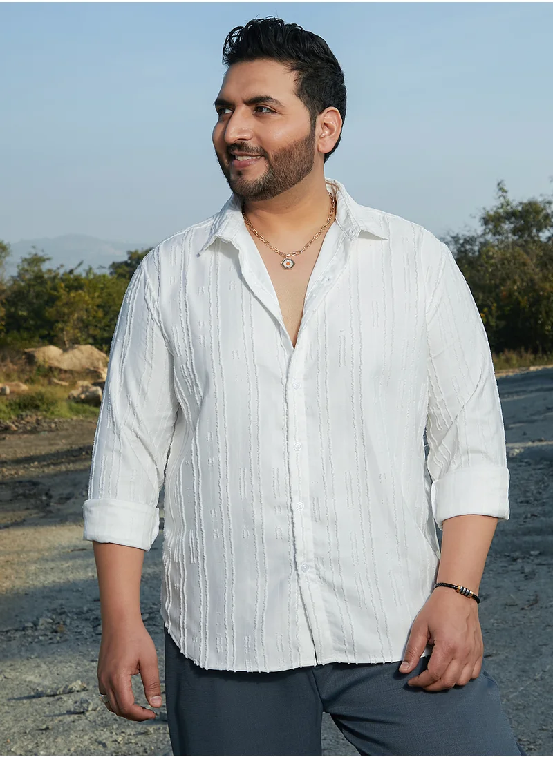 انستافاب بلس Instafab Plus Men's Chalk White Ripple-Edge Shirt For Casual Wear | Spread Collar | Long Cuffed Sleeves | Button Closure | Plus Size Shirt Crafted With Comfort Fit For Everyday Wear