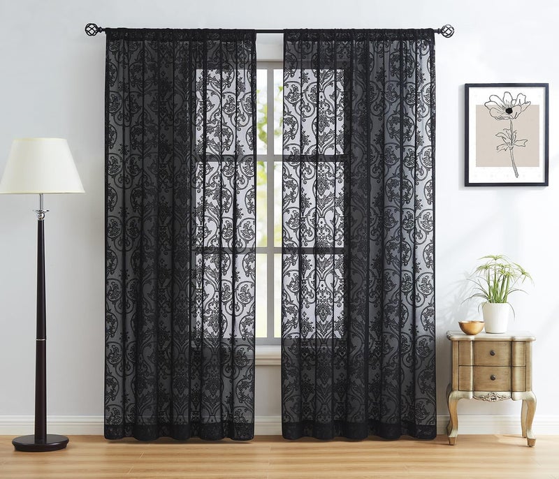Treatmentex Black Lace Curtains 84 inch Damask Sheer Curtain Panels for Living Room Bedroom Luxury Vintage Light Filtering Victorian Drapes Black Window Treatment Sets Rod Pocket 2 Panels 54" W - Image 2