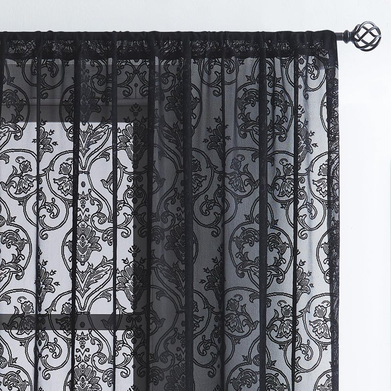 Treatmentex Black Lace Curtains 84 inch Damask Sheer Curtain Panels for Living Room Bedroom Luxury Vintage Light Filtering Victorian Drapes Black Window Treatment Sets Rod Pocket 2 Panels 54" W - Image 5