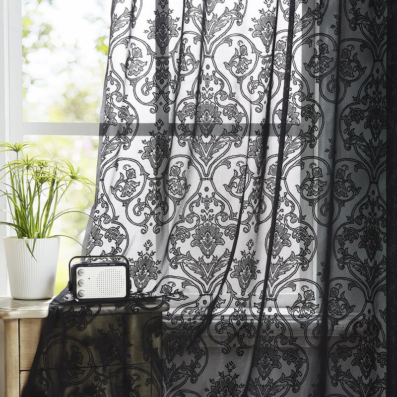 Treatmentex Black Lace Curtains 84 inch Damask Sheer Curtain Panels for Living Room Bedroom Luxury Vintage Light Filtering Victorian Drapes Black Window Treatment Sets Rod Pocket 2 Panels 54" W - Image 1