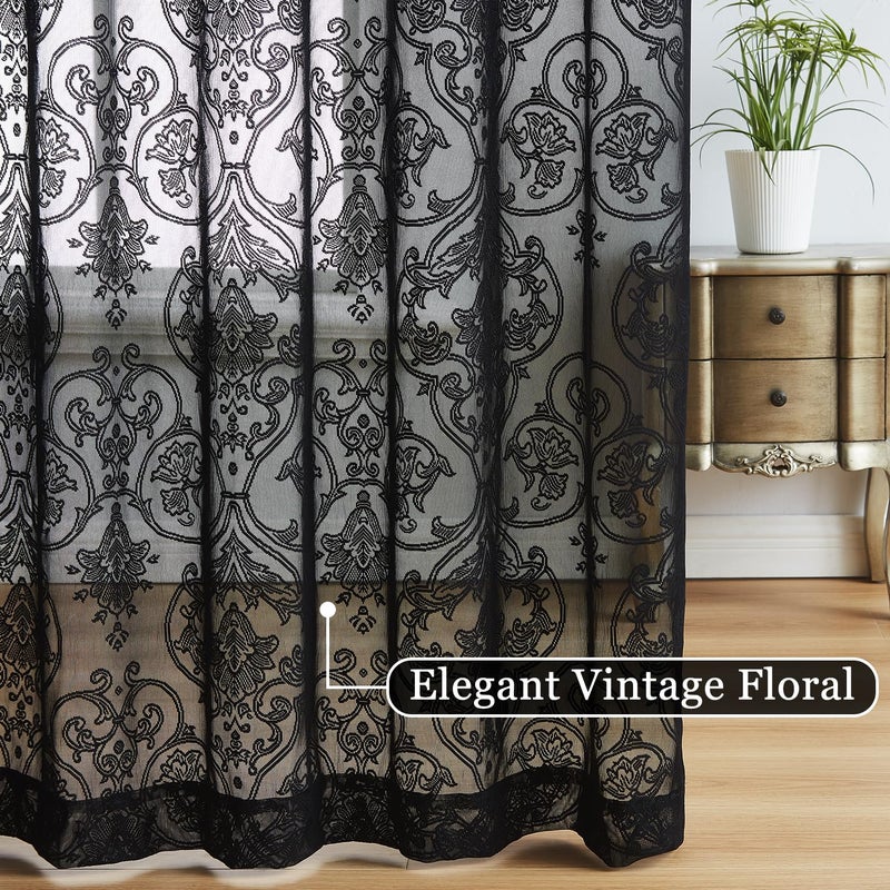 Treatmentex Black Lace Curtains 84 inch Damask Sheer Curtain Panels for Living Room Bedroom Luxury Vintage Light Filtering Victorian Drapes Black Window Treatment Sets Rod Pocket 2 Panels 54" W - Image 3