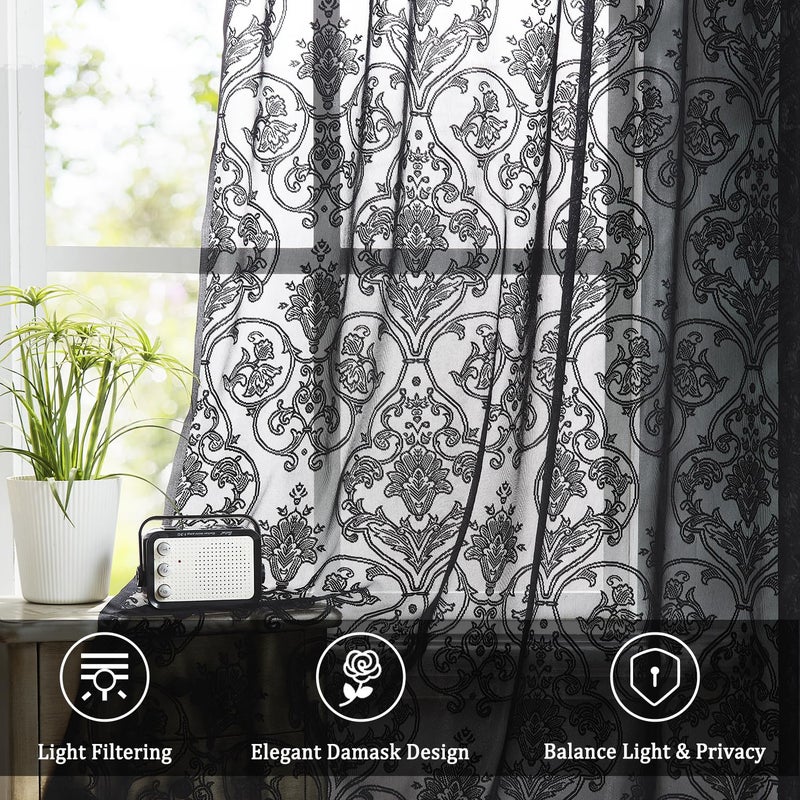 Treatmentex Black Lace Curtains 84 inch Damask Sheer Curtain Panels for Living Room Bedroom Luxury Vintage Light Filtering Victorian Drapes Black Window Treatment Sets Rod Pocket 2 Panels 54" W - Image 4