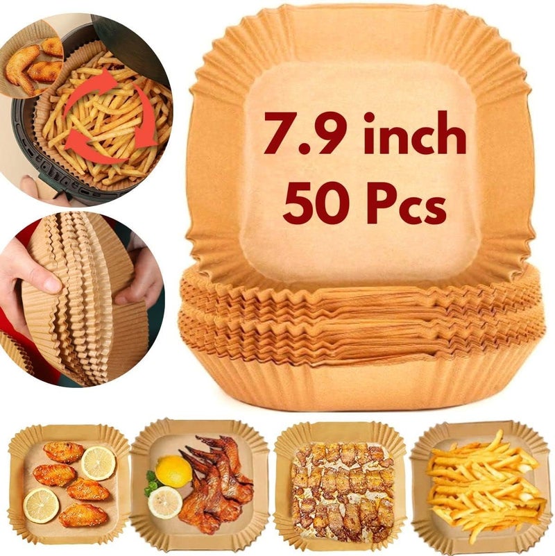 Air Fryer Liners Square, 7.9 Inch Air Fryer Disposable Paper Liners, Non-Stick Air Fryer Parchment Paper Liners Food Grade Baking Paper (50)