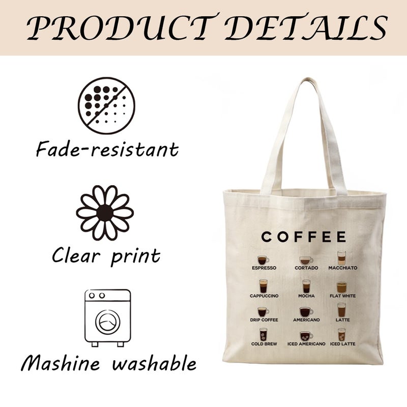 Coffee Canvas Totes, Reusable Cloth Cotton Tote Bags, Coffee Lover Gift, Canvas Tote Bag Aesthetic for Women, Casual Cotton Tote Bag for Work, Grocery, Shopping, Beach & Daily Use - Image 3