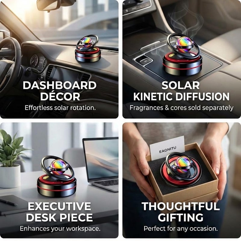 eaonitu Solar Dashboard Spinner, Sun Powered Kinetic Car Decoration Diffuser, Space Theme Automotive Accessories, Spring Birthday Gift Exchange, Fragrance & Aroma Cores Sold Separately (Solarium Black) - Image 2