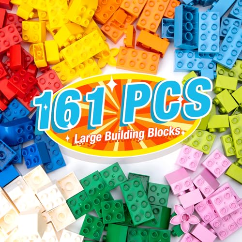 MANNIDOO Large Building Blocks for Kids Toddlers 161PCS Big Building Bricks with 10x10 Large Baseplates Compatible with Major Brands Blocks Birthday Gfits for Toddler Kid 9 Color13 Shape - Image 1