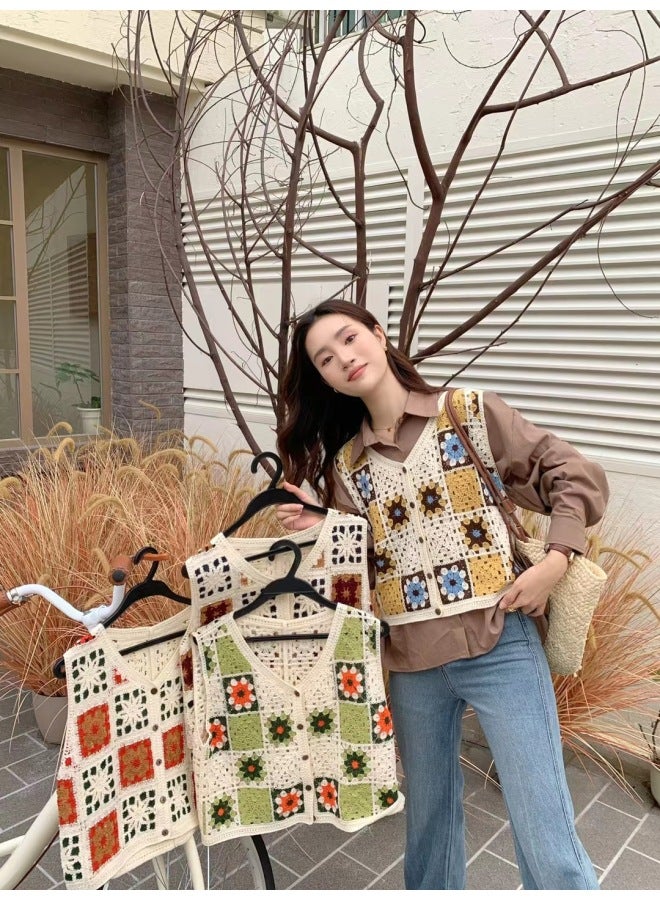 Hong Kong-style Western-style Fashion Crochet Hollow Sleeveless Vest Women's Winter V-neck Loose Slim-fit Striped Top