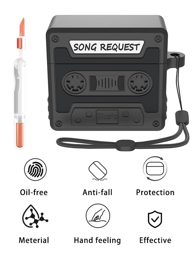 يونك الجيل الرابع airpods شحن غطاء مربع ، الرجعية كاسيت ، خالية من النفط ، ومكافحة السقوط ، 360 درجة الحماية ، لمسة اليد ، مع مجموعة تنظيف الحبل ، أسود - Image 1